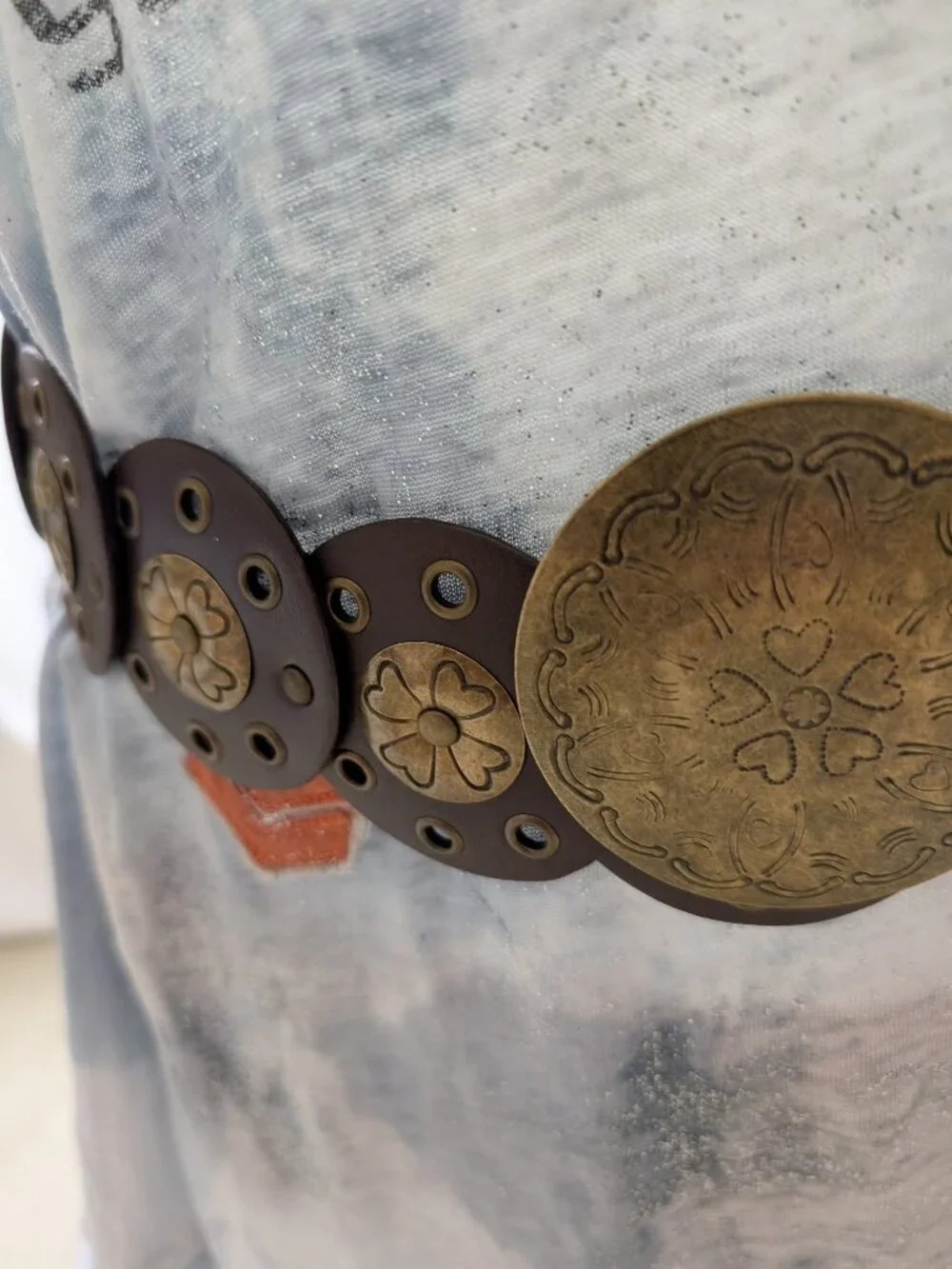 Vintage Boho Leather Brass Medallion Disc Belt